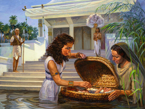 The birth of Moses. <br/>Then Pharaoh’s daughter went down to the Nile to bathe, and her attendants were walking along the riverbank. She saw the basket among the reeds and sent her female slave to get it. She opened it and saw the baby. He was crying, and she felt sorry for him. “This is one of the Hebrew babies,” she said. <br/>Exodus 2:5-6 <br/>Full text: Exodus 2:1-10 – Slide 1
