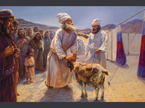 The day of atonement. <br/>Leviticus 16:20-22 <br/>When Aaron has finished making atonement for the Most Holy Place, the tent of meeting and the altar, he shall bring forward the live goat. He is to lay both hands on the head of the live goat and confess over it all the wickedness and rebellion of the Israelites—all their sins—and put them on the goat’s head. He shall send the goat away into the wilderness in the care of someone appointed for the task. The goat will carry on itself all their sins to a remote place; and the man shall release it in the wilderness. <br/>Full text Leviticus    16:15-22 – Slide 9
