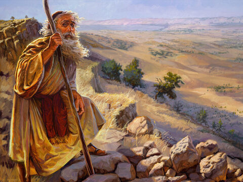 Moses on Mount Nebo. <br/>Then Moses went up from the plains of Moab to Mount Nebo, to the top of Pisgah, which is opposite Jericho. And the LORD showed him all the land. <br/>Deuteronomy 34:1 <br/>Full text: Deuteronomy 34:1-7 – Slide 11