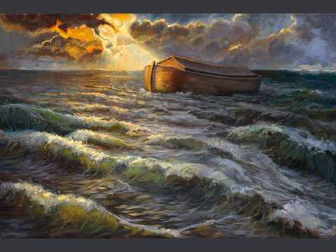 The Ark on the waters. <br/>The waters flooded the earth for a hundred and fifty days. <br/>Genesis 7:24 <br/>Full text: Genesis 17-24, 1 Peter 3:20-21 – Slide 3