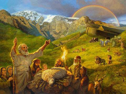 Noah’s offering. <br/>Then Noah built an altar to the LORD and, taking some of all the clean animals and clean birds, he sacrificed burnt offerings on it.  <br/>Genesis 8:20 <br/>Full text: Genesis 8:20-9:17 – Slide 5