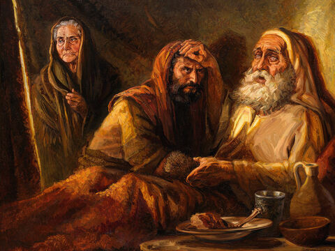 Isaac blesses Jacob. <br/>‘Are you really my son Esau?’ he asked. ‘I am,’ he replied.  <br/>Then he said: ‘My son, bring me some of your game to eat, so that I may give you my blessing.’ Jacob brought it to him and he ate; and he brought some wine and he drank.  <br/>Then his father Isaac said to him: ‘Come here, my son, and kiss me.’ <br/>Genesis 27:24-26 <br/>Full text: Genesis 27:22-29 – Slide 1