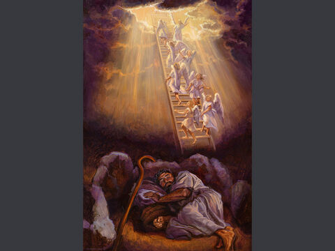 Jacob’s dream at Bethel. <br/>He had a dream in which he saw a stairway resting on the earth, with its top reaching to heaven, and the angels of God were ascending and descending on it. <br/>There above it stood the Lord, and He said: ‘I am the Lord, the God of your father Abraham and the God of Isaac. I will give you and your descendants the land on which you are lying.’ <br/>Genesis 28:12-13 <br/>Full text: Genesis 28:10-17 – Slide 2