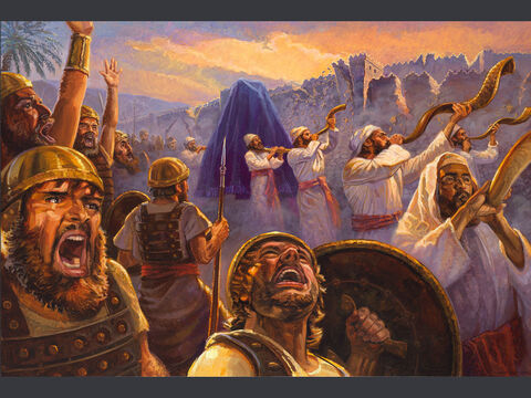 The Fall of Jericho. <br/>And when they make a long blast with the ram's horn, when you hear the sound of the trumpet, then all the people shall shout with a great shout, and the wall of the city will fall down flat, and the people shall go up, everyone straight before Him. <br/>Joshua 6:5 <br/>Full text: Joshua 5:13-15, 6:1-5 – Slide 3