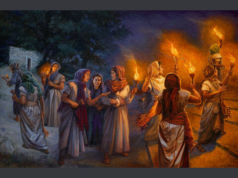 The parable of the ten virgins. <br/>And the foolish said to the wise, ‘Give us some of your oil, for our lamps are going out.’ <br/>Matthew 25:8 <br/>Full text: Matthew 25:1-13 – Slide 2