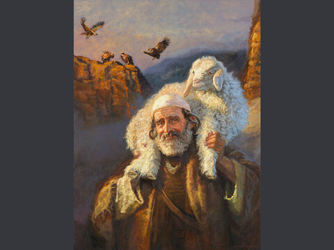 Parable of the lost sheep - painting 1 <br/>And when he finds it, he joyfully puts it on his shoulders. <br/>Luke 15:5 <br/>Full text: Luke 15:3-7 – Slide 7