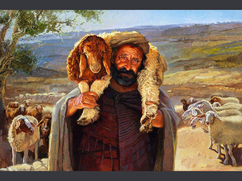 Parable of the lost sheep - painting 2 <br/>And when he finds it, he joyfully puts it on his shoulders. <br/>Luke 15:5 <br/>Full text: Luke 15:3-7 – Slide 8