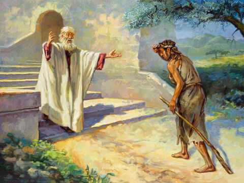 The parable of the prodigal son - painting 1. <br/>So he got up and went to his father. “But while he was still a long way off, his father saw him and was filled with compassion for him; he ran to his son, threw his arms around him and kissed him. <br/>Luke 15:20 <br/>Full text: Luke 15:11-32 – Slide 9