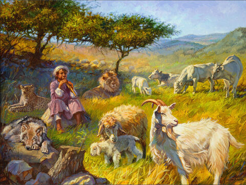 The Messianic kingdom of peace. <br/>The wolf shall dwell with the lamb, and the leopard shall lie down with the young goat, and the calf and the lion and the fattened calf together; and a little child shall lead them. <br/>Isaiah 11:6 <br/>Full text: Isaiah 11:1-9 Also Psalm 72, 110 – Slide 5