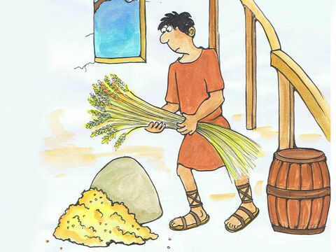 A young man named Gideon was busy threshing wheat for his family. They had to hide the grain in a pit, in case it got stolen. – Slide 2
