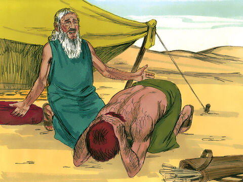 ‘I have made Jacob lord over you,’ Isaac explained. ‘And I have made all his relatives his servants. I have sustained him with grain and new wine. So what can I possibly do for you, my son?’ <br/>‘Do you have only one blessing’ Esau wept. ‘Bless me too, my father!’ <br/>Isaac answered, ‘You will live by the sword and serve your brother. But when you grow restless, you will throw his yoke from off your neck.’ – Slide 10