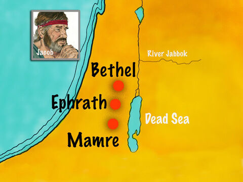 Jacob then travelled south. As they approached Ephrath (Bethlehem) his wife Rachel began giving birth to a son. Rachel died giving birth but the baby survived and was named Benjamin. – Slide 17