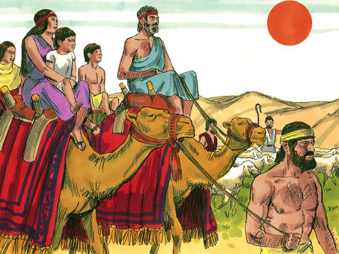 Then the Lord said to Jacob, ‘Go back to the land of your fathers and I will be with you.’ Rachel and Leah agreed to go to Canaan with Jacob. They got on their camels and took their herds with them. But they did not tell Laban they were leaving. Before they left, Rachel stole her father Laban’s household gods. – Slide 7