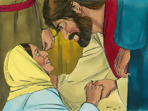 The woman came trembling and fell at His feet. She confessed in front of everyone that she had touched Him and had been instantly healed.Jesus replied, ‘Daughter, your faith has healed you. Go in peace.’ – Slide 9