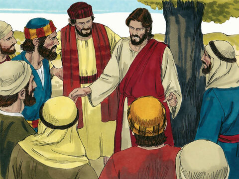 Jesus and His followers were on the way to Jerusalem but many were afraid. So Jesus took the 12 disciples to one side to explain what was about to happen. – Slide 1