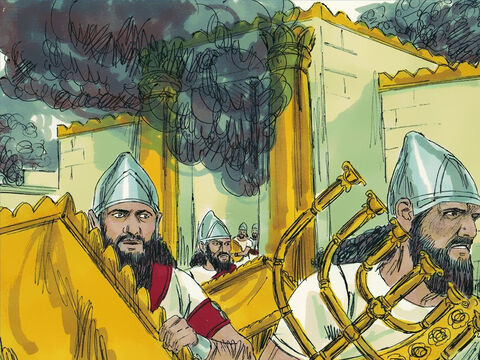 The Babylonians entered Jerusalem. They burned down the Temple of the Lord just as Jeremiah had warned. They looted the temple and then carried off all the objects made of silver, gold or bronze. They raided and burned the palace and other fine houses. – Slide 15