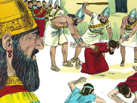 The Babylonian general took the most important priests and officials of the court and commanders of the army to Nebuchadnezzar’s camp. There the Babylonians beat them to death. – Slide 16