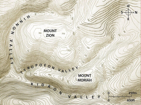 The three main valleys of Jerusalem. Topographic map based on an original by Balage Balogh/www.Archaeologyillustrated.com – Slide 2