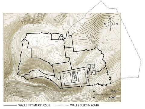 The main city walls of Jerusalem in the time of Jesus. Topographic map based on an original by Balage Balogh/www.Archaeologyillustrated.com – Slide 3