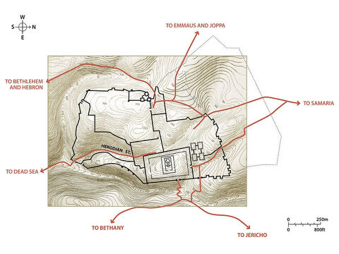 Main routes in and out of Jerusalem in the time of Jesus. Topographic map based on an original by Balage Balogh/www.Archaeologyillustrated.com – Slide 7