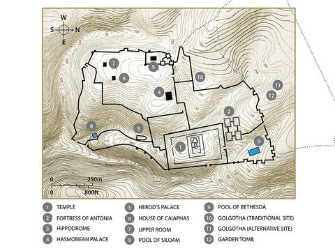 Key buildings in Jerusalem that feature in the Biblical accounts of the life of Jesus. Topographic map based on an original by Balage Balogh/www.Archaeologyillustrated.com – Slide 12