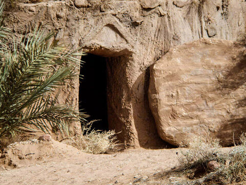 When they arrived they found the large stone rolled away from the tomb. (There had been a violent earthquake and an angel of the Lord had descended and rolled it back. The guards were so frightened and shaken they had run off). – Slide 2