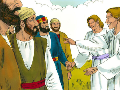 As the disciples gazed upwards, suddenly, two men dressed in white stood beside them. ‘Men of Galilee, why do you stand here looking into the sky?’ they asked. ‘This same Jesus, who has been taken from you into heaven, will come back in the same way you have seen him go into heaven.’ – Slide 5