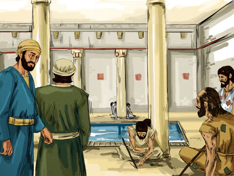 In Jerusalem there was a pool called Bethesda where disabled people gathered. Many were blind, lame or paralysed. – Slide 1