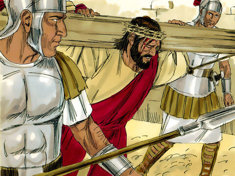 Roman soldiers made Jesus carry His own cross. Two criminals sentenced to death by crucifixion were forced to do the same. They were led out of the city to be crucified. A large crowd followed, including women who mourned and wailed for Jesus. – Slide 1