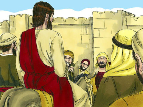 The two disciples led the colt back to Jesus. They threw their coats on the young donkey then Jesus sat on it. – Slide 6
