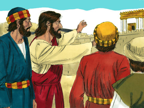 Jesus had been staying on the Mount of Olives and early in the morning He travelled to the Temple in Jerusalem. – Slide 1