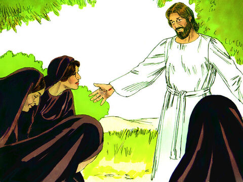 Suddenly Jesus met them. ‘Greetings,’ He said. They came closer to him, clasped His feet and worshipped Him. ‘Do not be afraid,’ Jesus told them. ‘Go and tell my brothers to go to Galilee and they will see me there.’ – Slide 8