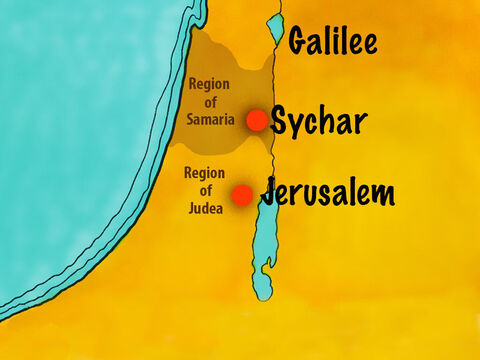 There was a history of feuds and grudges between the Jews and Samaritans and they did not talk to each other. At noon, Jesus and His disciples arrived at a well on the edge of a town called Sychar. – Slide 2