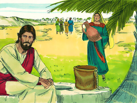 Jesus sat by the well to rest while His disciples went into the town to buy food. A Samaritan woman came to draw some water. – Slide 3