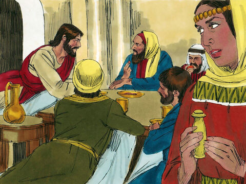 The guests reclined on couches around the meal table. A woman (with a reputation for living immorally) heard that Jesus was at Simon’s house and brought an exquisite flask filled with expensive perfume. – Slide 2