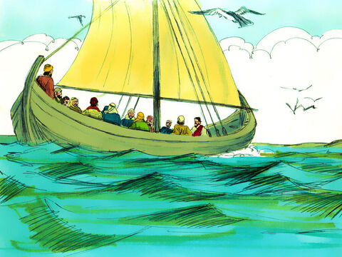 The weather was calm when they set off and Jesus was very tired. He lay down to sleep on a cushion in the back of the boat. – Slide 4