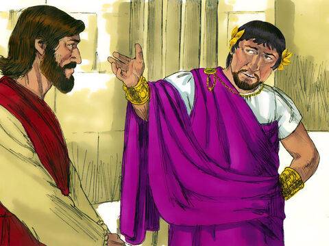 Herod was pleased to meet Jesus as he had heard a lot about Him and demanded that Jesus perform a miracle. Jesus did not respond. The Chief Priests and elders stood there making accusations against Jesus. Jesus kept quiet. – Slide 7