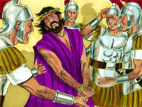 Then Herod mockingly dressed Jesus in a royal robe and put a crown of thorns on His head. Herod’s soldiers ridiculed and hit Jesus. – Slide 8