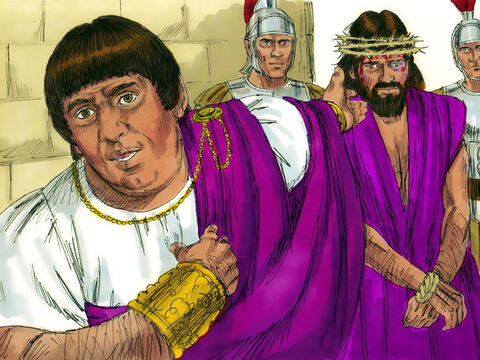 ­ Pilate addressed the Chief Priests and rulers of the people. ‘I do not find this man guilty of the charges you bring against Him. Herod has done the same and found no basis for your accusations. I am going to punish Him and then release Him.’ – Slide 11