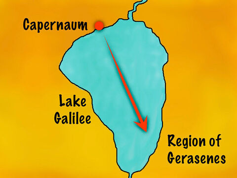 Their destination was a region called the Gerasenes on the other side of the lake from where they lived. It was an area where there were many Greeks, Romans, and Arabs as well as Jews. – Slide 2