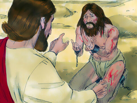 ‘What is your name?’ asked Jesus. The voice inside the man replied, ‘Legion, for we are many.’ The evil powers controlling the man kept begging Jesus not to sent them out of the area. – Slide 7