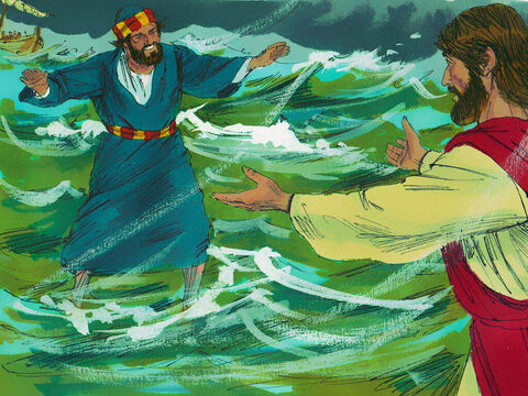 Peter got out of the boat and started to walk towards Jesus. But as he heard the sound of the wind and saw the waves he started to doubt he could stay afloat. – Slide 8