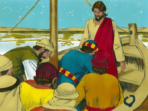 The disciples were utterly amazed and worshipped Jesus. ‘You really are the Son of God,’ they exclaimed. Almost immediately the boat reached the shore. – Slide 11