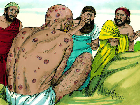 When Job’s three friends, Eliphaz, Bildad and Zophar, heard about Job’s troubles they set out to sympathise and comfort him. They hardly recognised the suffering man before them. They wept, tore their robes, sprinkled dust on their heads and sat with him for seven days and nights. No one said a word to Job as his suffering was so great. – Slide 10
