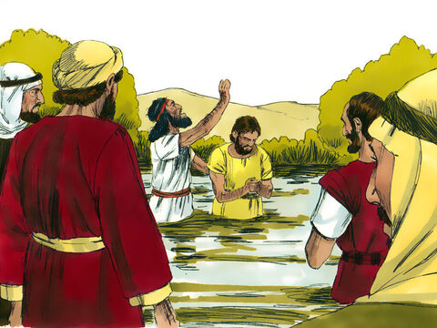 People from all around went into the wilderness to hear John preach. Many confessed their sins and were baptised by John in the River Jordan. – Slide 3