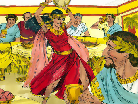 At the festivities, Salome, the daughter of Herodias, danced for the dinner guests. Her dance captivated everyone and pleased Herod Antipas who wanted to reward her. – Slide 6