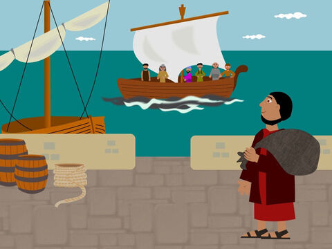 But Jonah did not want to go to Nineveh. He did not like the people there and wanted God to punish them not forgive them. So he ran away to the town of Joppa by the seaside. He saw a ship going to a far away place and decided to buy a ticket and get on it. He thought God would not be able to find him there. – Slide 2
