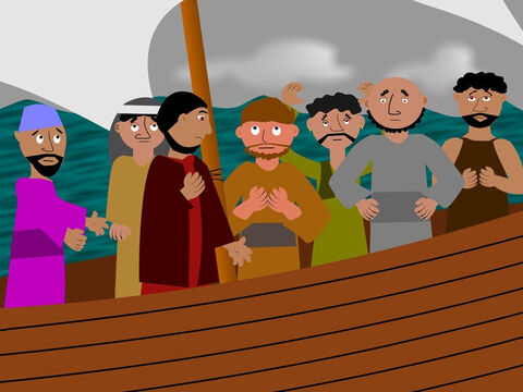 All the men were praying to their gods when the Captain noticed Jonah was still sleeping. He woke him and told him to pray to his God for help. Jonah explained the storm was his fault. God had sent it to stop Jonah from running away. ‘If you throw me overboard,’ Jonah said, ‘the storm will stop.’ The men did not want to do this and kept trying to save the ship from sinking. – Slide 5