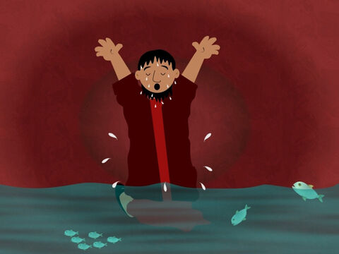 Jonah was now inside the belly of the fish. He began to thank God for saving him from drowning in the sea. He realised it was silly to try and run away from God. – Slide 7