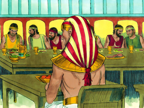 Joseph sat his brothers at the meal table in age order from the oldest to the youngest. Joseph sat at his own table. Benjamin was served five times as much food as the others. So the brothers feasted and drank freely together. – Slide 5